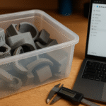 Failed 3D prints scattered in a bin — plastic ledger of warped, cracked, and melted parts.